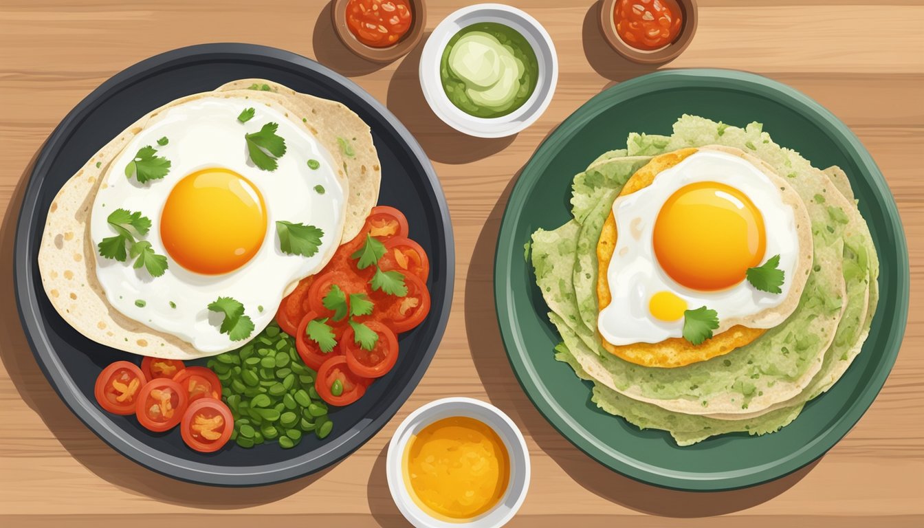 Two plates side by side, one with fried eggs and red salsa, the other with fried eggs and green salsa, surrounded by beans and tortillas