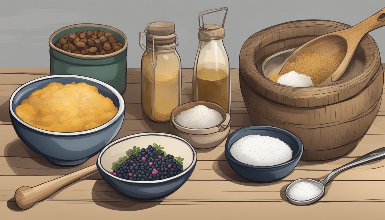 A rustic kitchen with various ingredients and tools for making einkorn breakfast recipes, including bowls, flour, berries, and a cookbook open to a page on einkorn variations