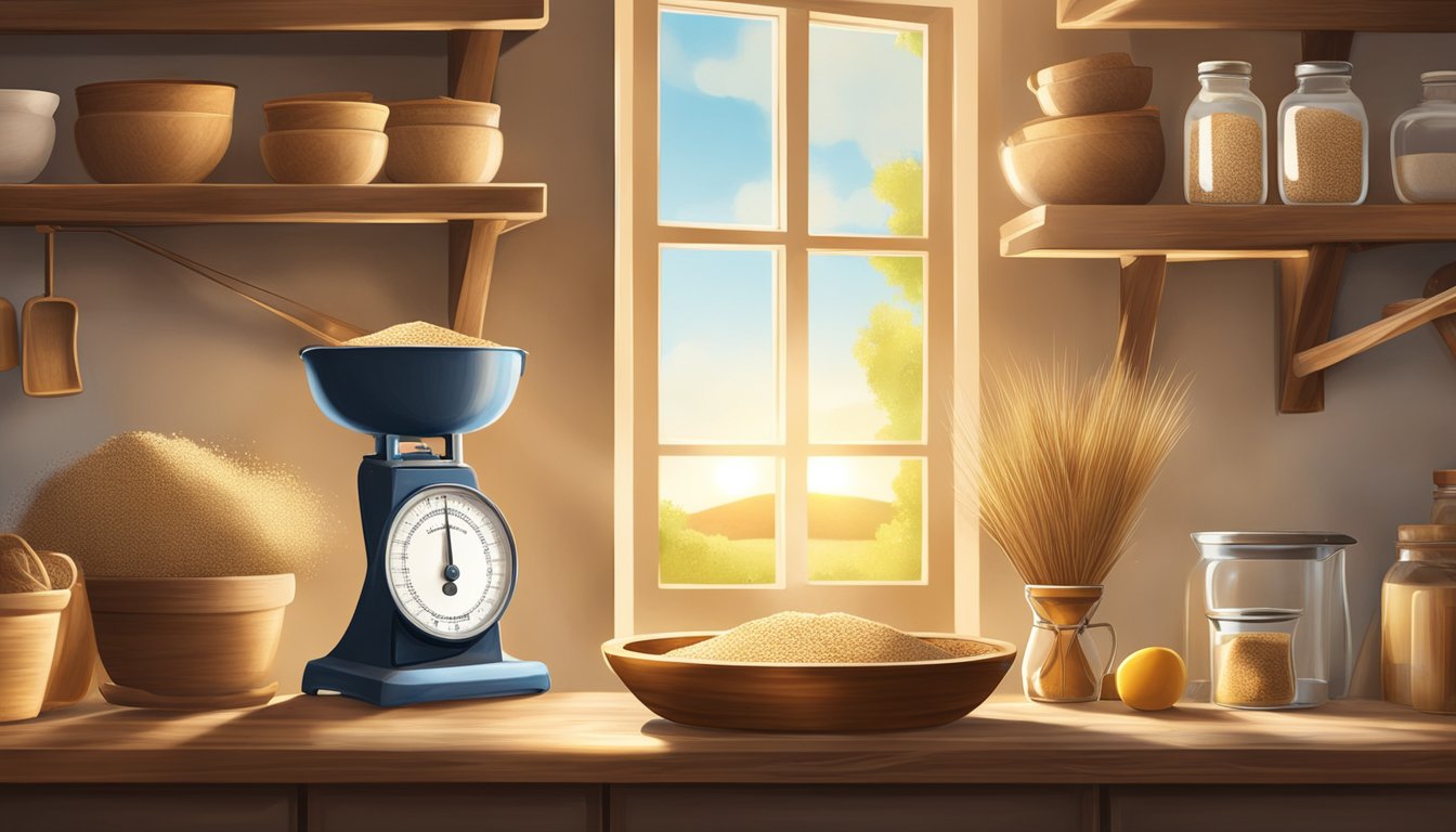 A rustic kitchen with shelves of einkorn grains, a vintage scale, and a wooden mixing bowl. Sunlight streams through a window, casting a warm glow on the ingredients