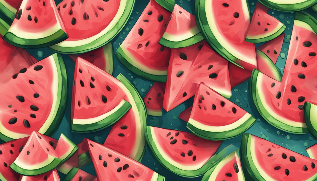 A watermelon being sliced into pieces with juice splashing out