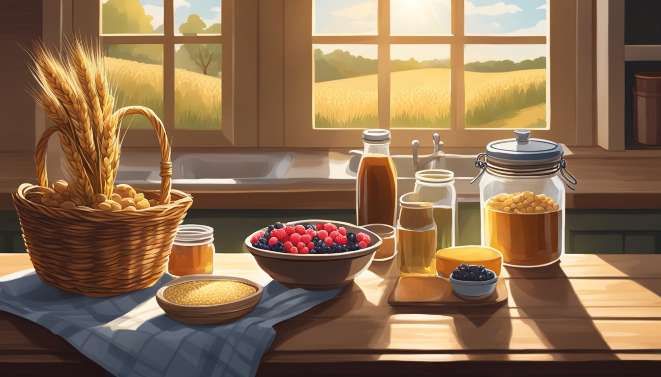 A rustic kitchen table with a basket of freshly harvested einkorn wheat, a bowl of ripe berries, and a jar of homemade preserves. Sunlight streams through a nearby window, casting a warm glow on the scene