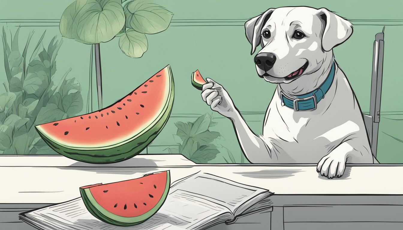 A happy dog eagerly eating watermelon while a concerned owner reads a list of potential adverse reactions