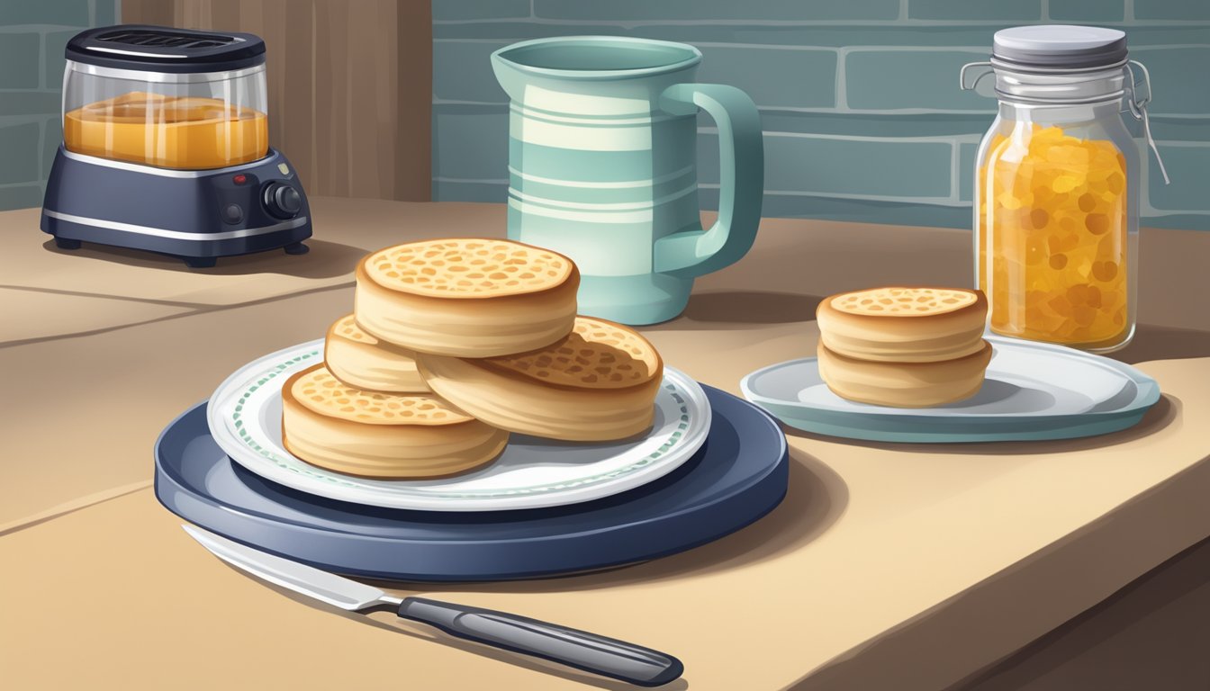 A kitchen counter with a plate of freshly made English crumpets, a toaster, and a jar of jam