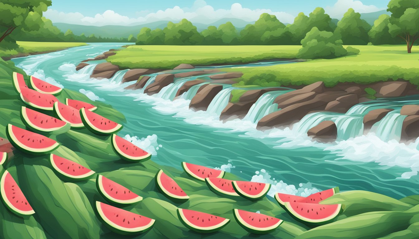 A rushing river with watermelon slices floating downstream