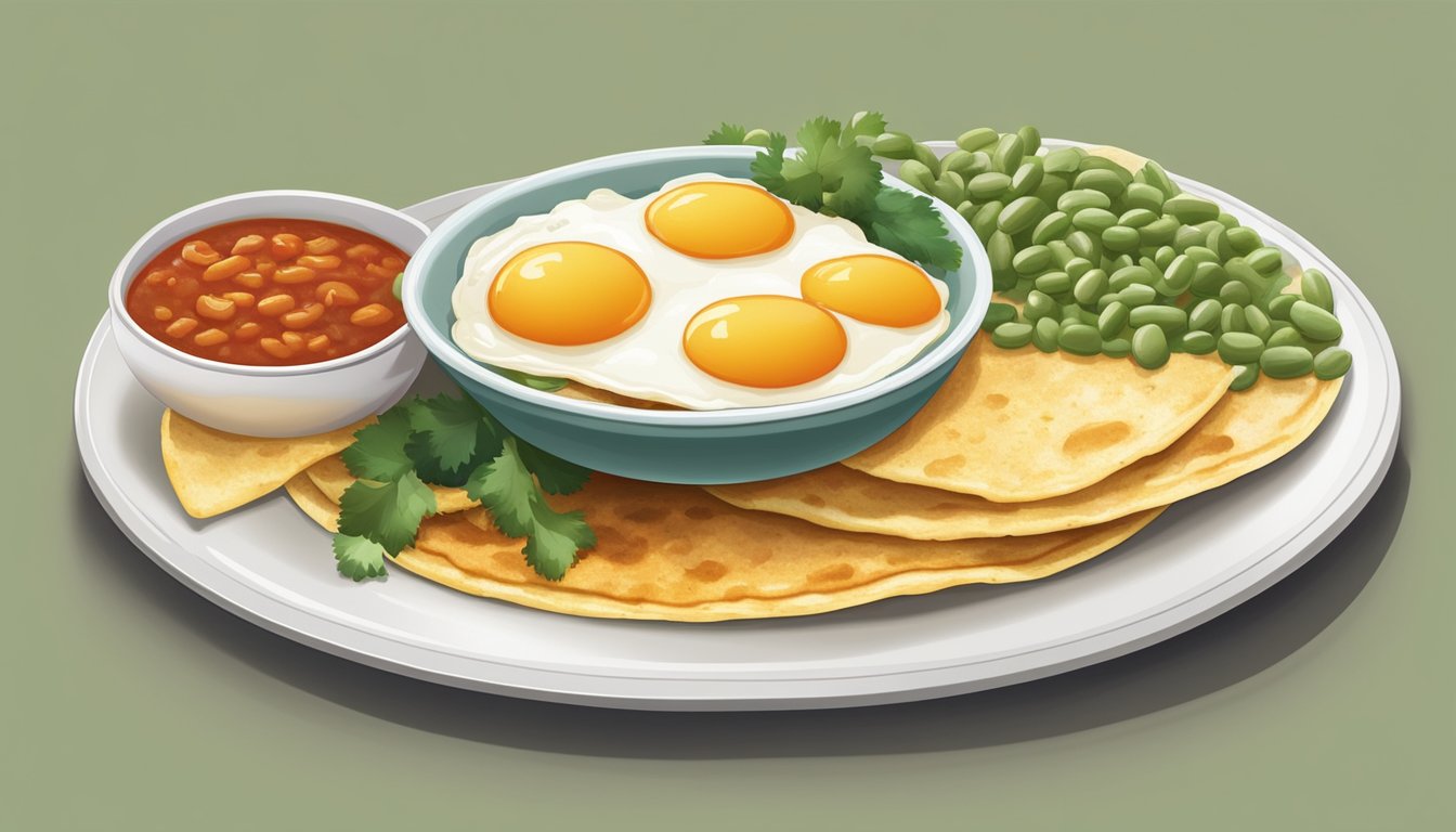 A plate with two fried eggs separated by a line of salsa, one side covered in red sauce and the other in green, served with beans and tortillas