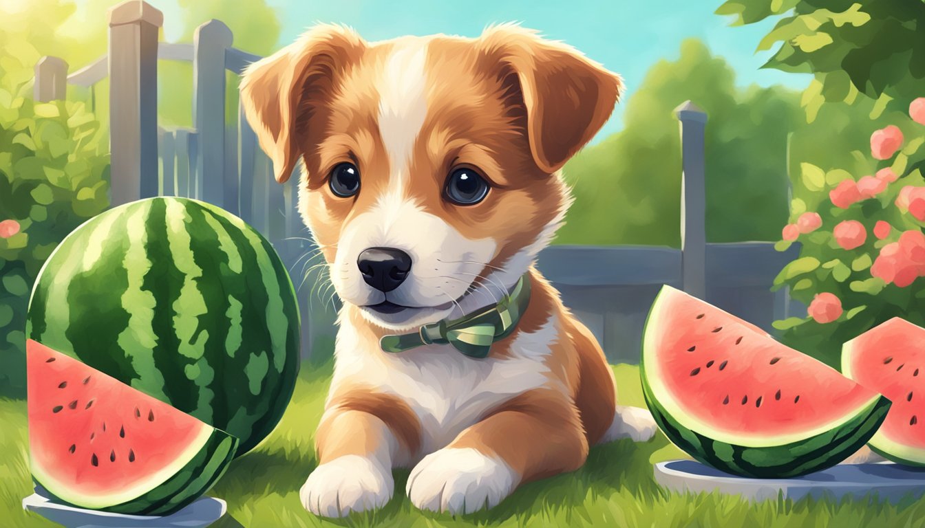 A playful puppy eagerly munches on juicy watermelon slices in a sunny backyard