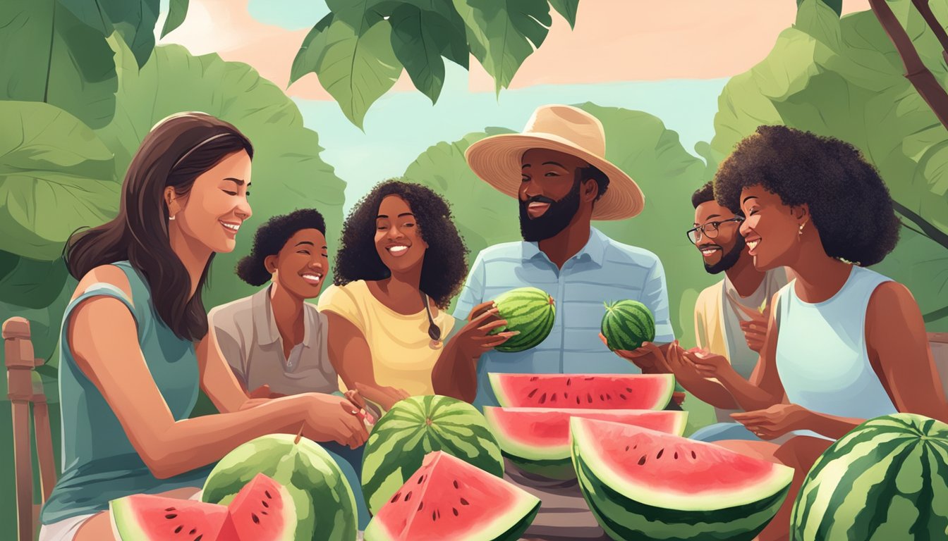 A group of diverse individuals enjoying a watermelon fast in a peaceful outdoor setting