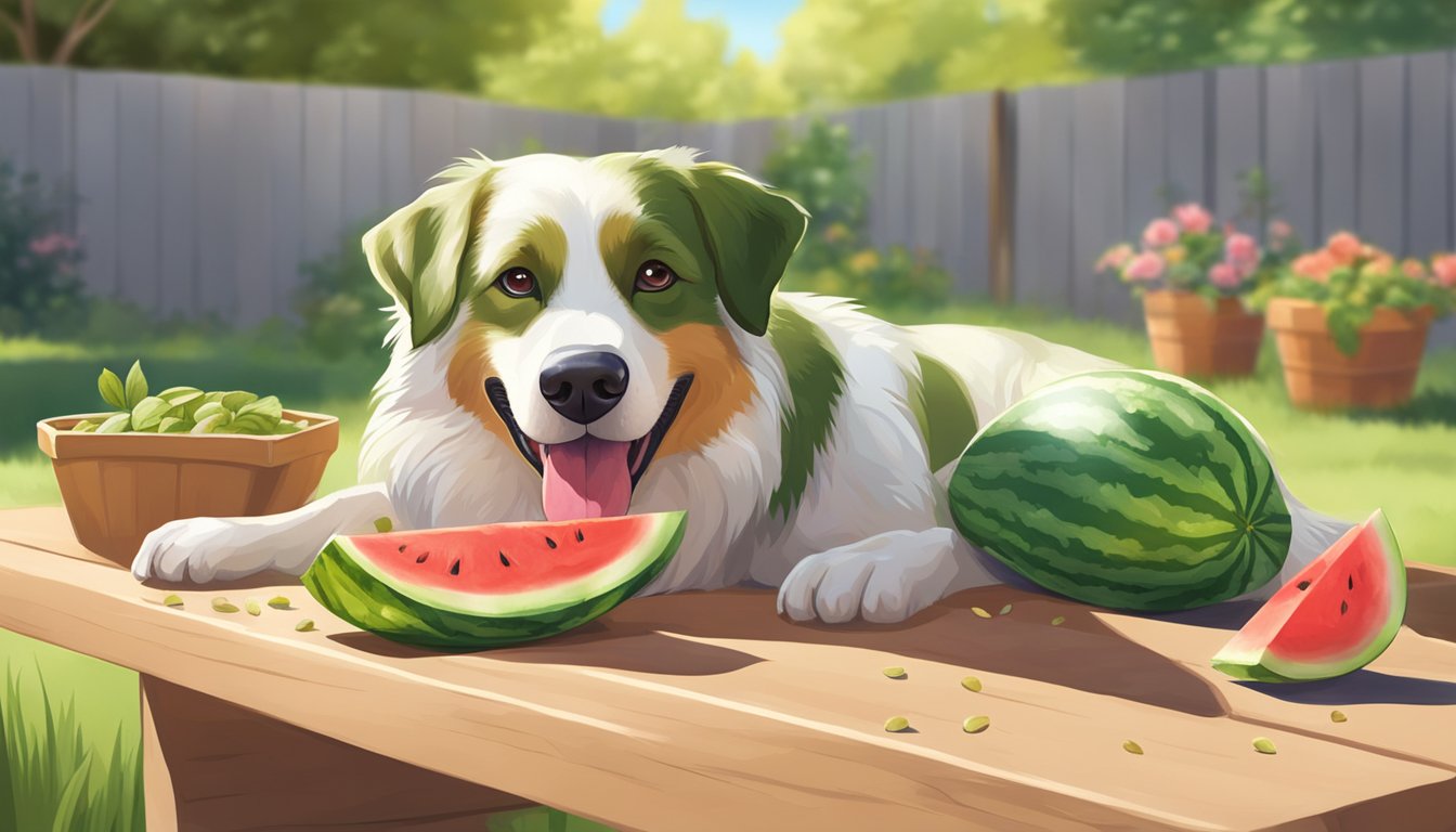 A happy dog eating watermelon slices, with seeds and rind carefully removed, in a sunny backyard