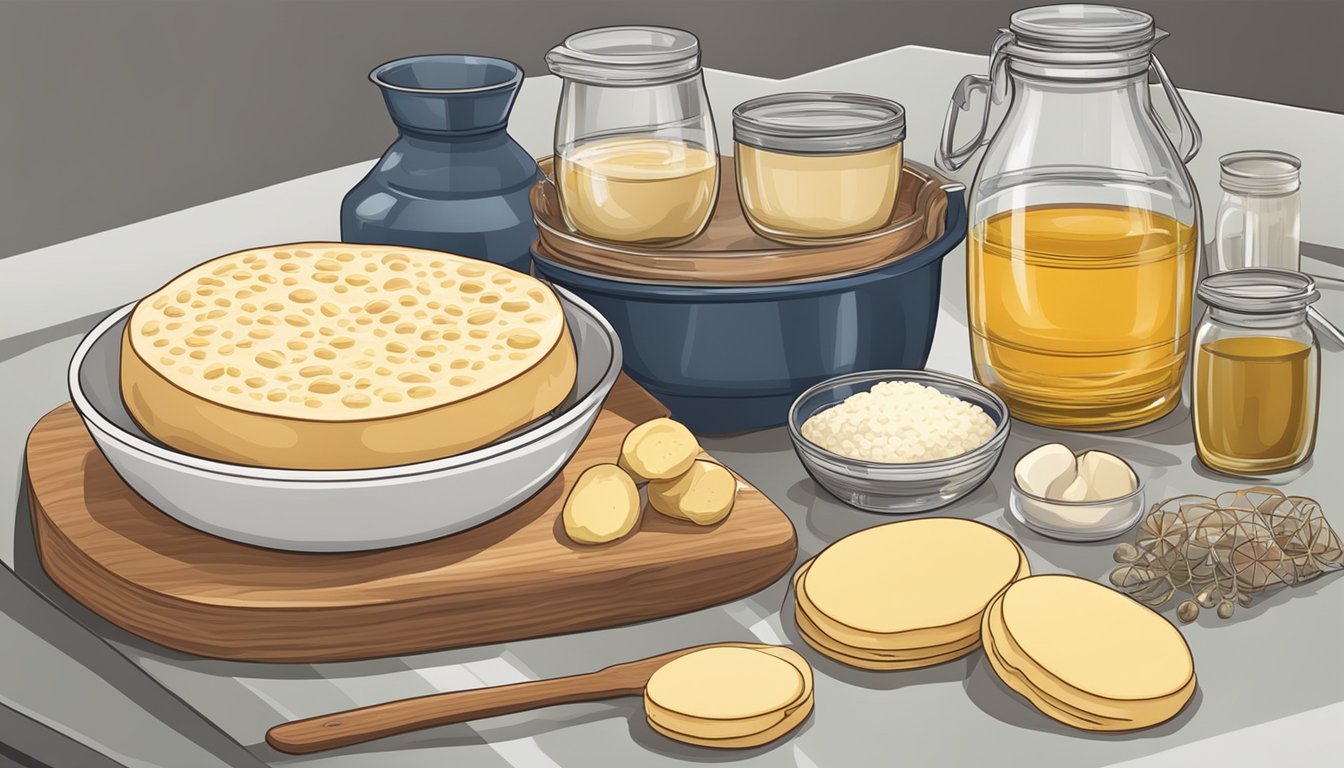 A kitchen counter with ingredients and utensils for making English crumpets