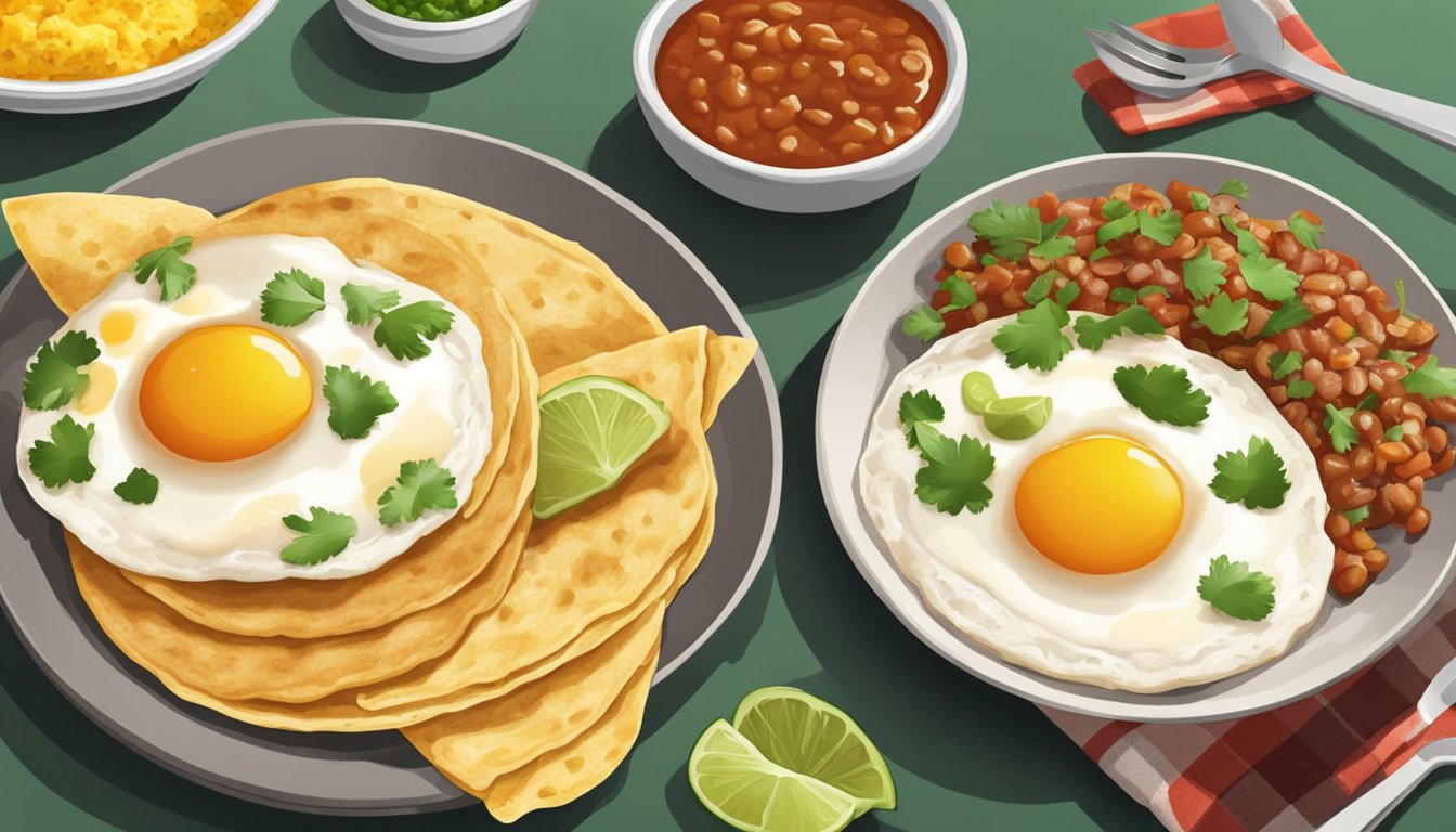 A plate with two fried eggs, one topped with red salsa and the other with green salsa, accompanied by refried beans and tortillas