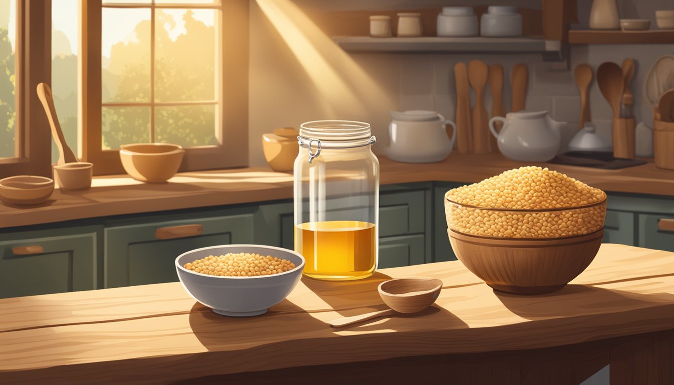 A rustic kitchen with a wooden table set with a bowl of triticale grains, a carton of eggs, and a jar of honey, surrounded by a warm morning light