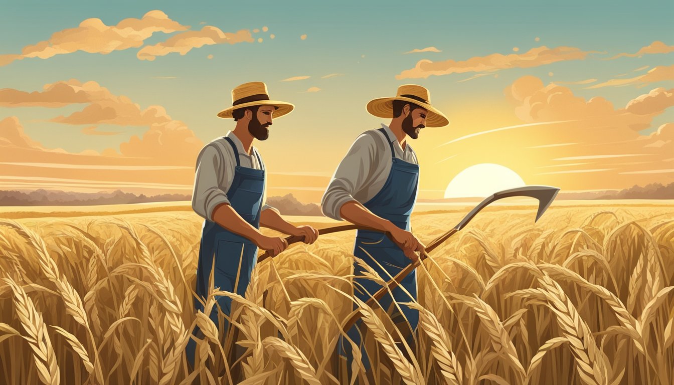 A farmer in a wide, sun-drenched field, cutting ripe triticale with a scythe. A bountiful harvest surrounds them, with golden stalks stretching towards the sky