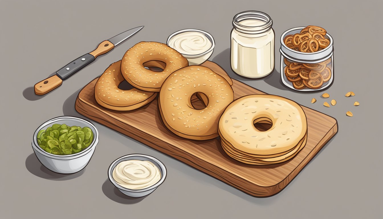 A wooden cutting board with sliced bagel thins, a jar of cream cheese, a knife, and a small bowl of mixed toppings