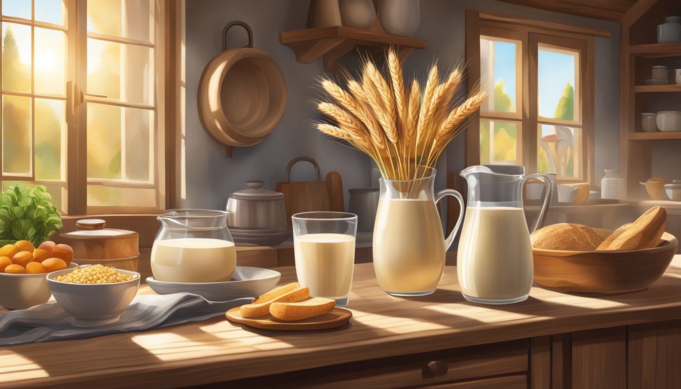 A rustic kitchen with a wooden table set with a bowl of triticale, a pitcher of milk, and a variety of breakfast ingredients. Sunlight streams through the window, casting a warm glow on the scene