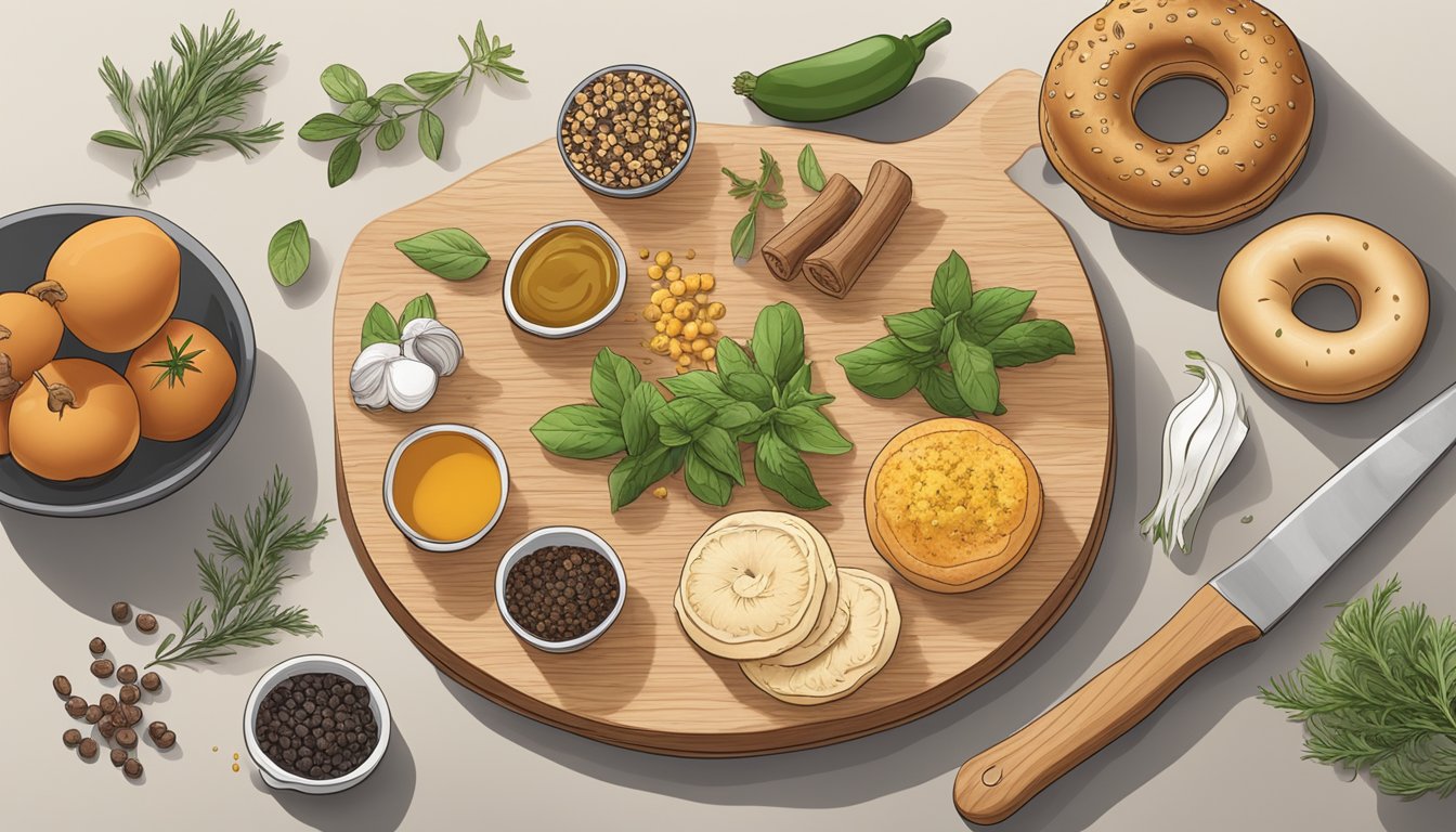 A kitchen counter with assorted spices, herbs, and ingredients laid out next to a cutting board with a bagel being sliced into thin pieces