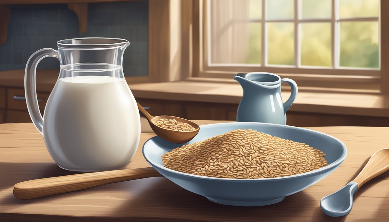 A serene morning kitchen scene with a bowl of triticale grains, a jug of milk, and a wooden spoon on a rustic breakfast table