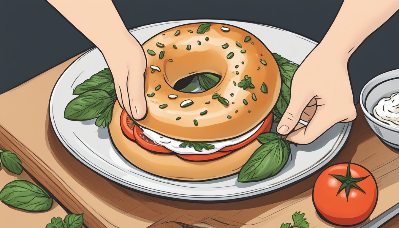 A hand placing a toasted bagel thin on a plate, with a spreader adding cream cheese and topping with sliced tomatoes and a sprinkle of fresh herbs