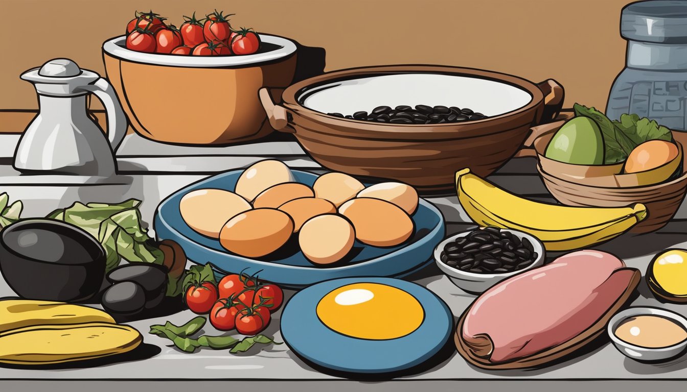 A rustic kitchen counter displays a colorful array of fresh eggs, black beans, plantains, tomatoes, and ham, ready to be transformed into a delicious plate of Huevos Motuleños