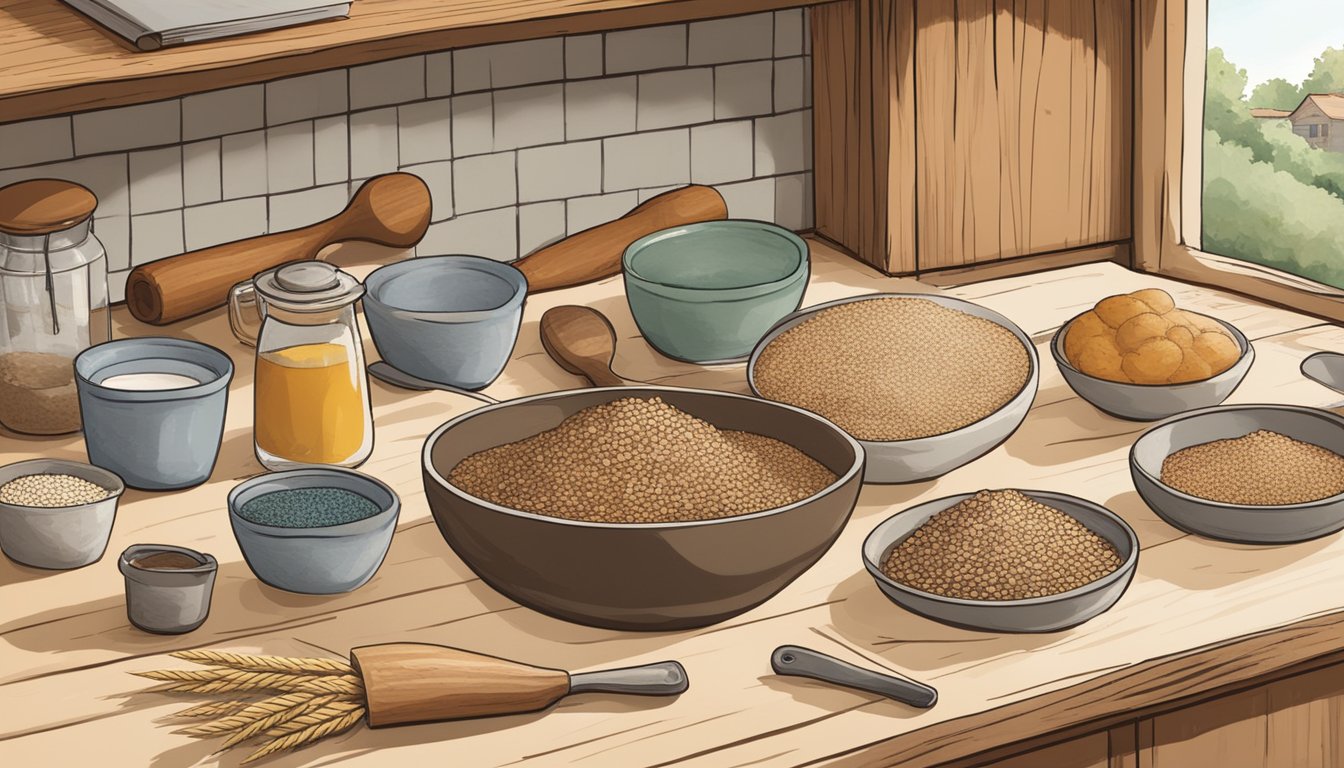 A rustic kitchen with a wooden countertop filled with various grains, a mixing bowl, and a rolling pin. A cookbook open to a page titled "Recipe Development and Tips: the ultimate guide to making breakfast triticale" sits nearby