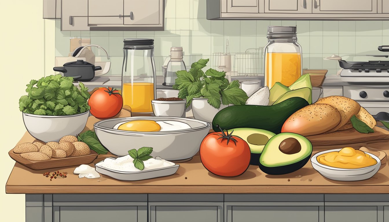 A kitchen counter with ingredients for homemade breakfast bagel thins: bagels, avocado, tomato, eggs, and various spices