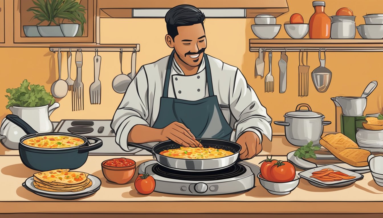 A chef fries eggs in a skillet while toasting tortillas and simmering a tomato and chili salsa on a stovetop. A table is set with plates, utensils, and fresh ingredients