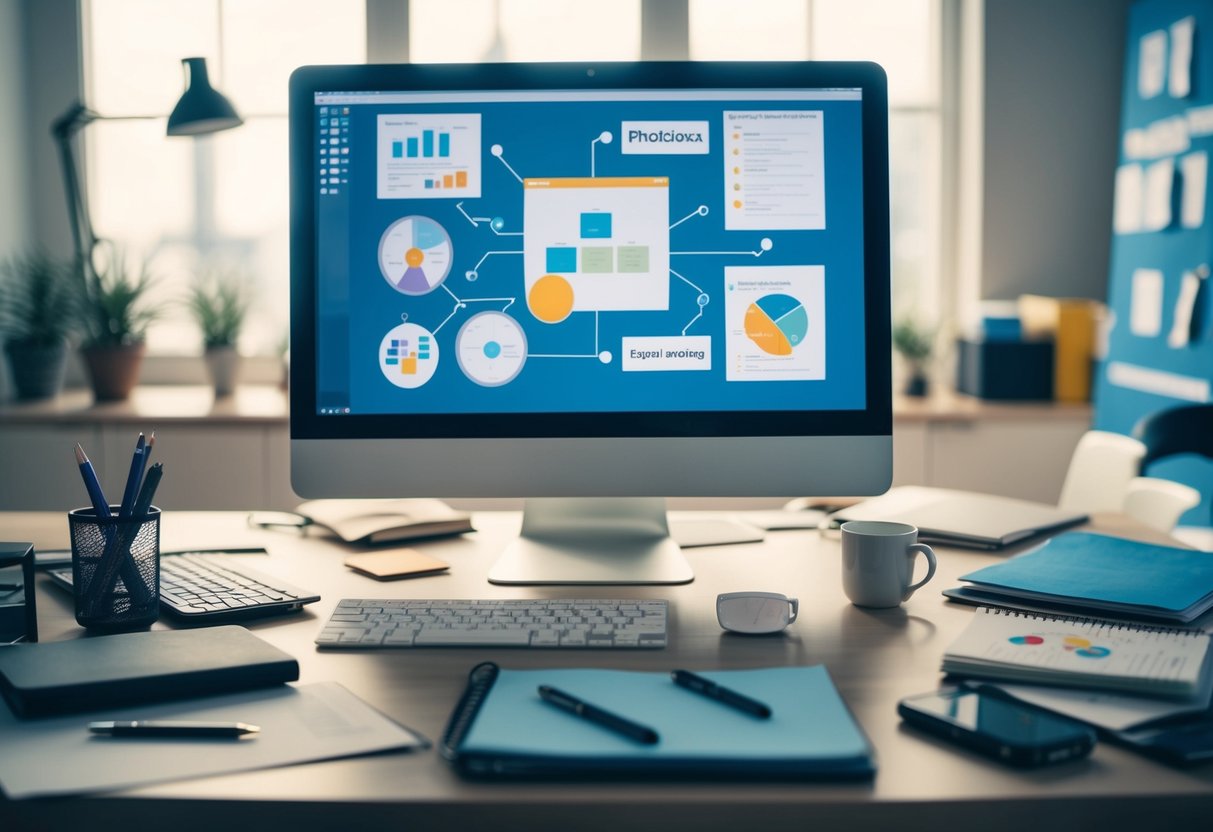 A desk with various tools and resources scattered around, including a computer, notebooks, and brainstorming charts, all indicating problem-solving activities at work