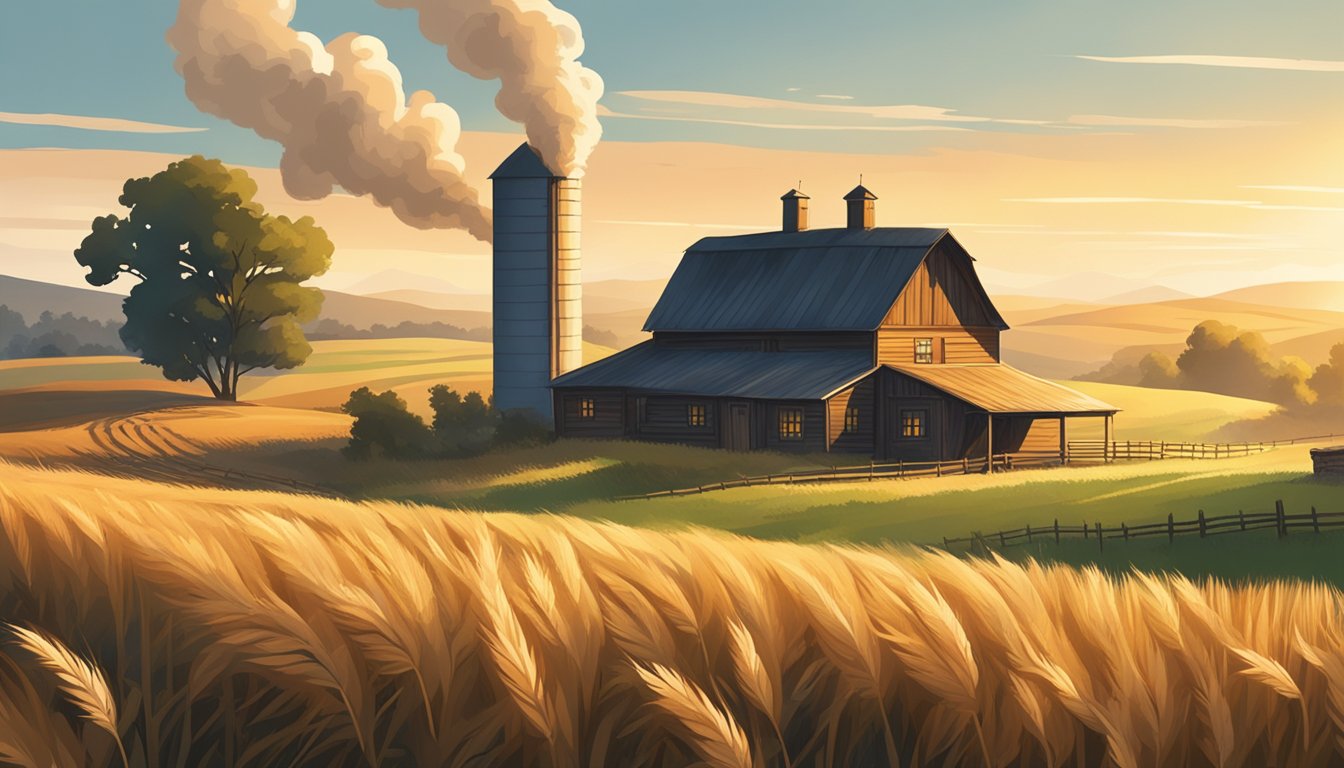 A sunlit farm with rolling hills, a field of triticale swaying in the breeze, and a rustic farmhouse with smoke rising from the chimney