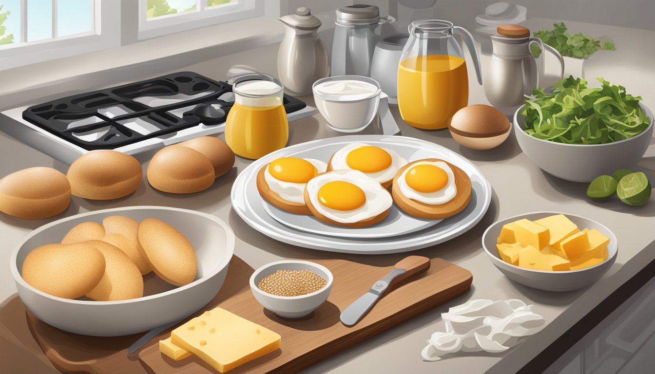 A kitchen counter with ingredients and utensils for making breakfast bagel thins, including bagels, eggs, cheese, and a cutting board