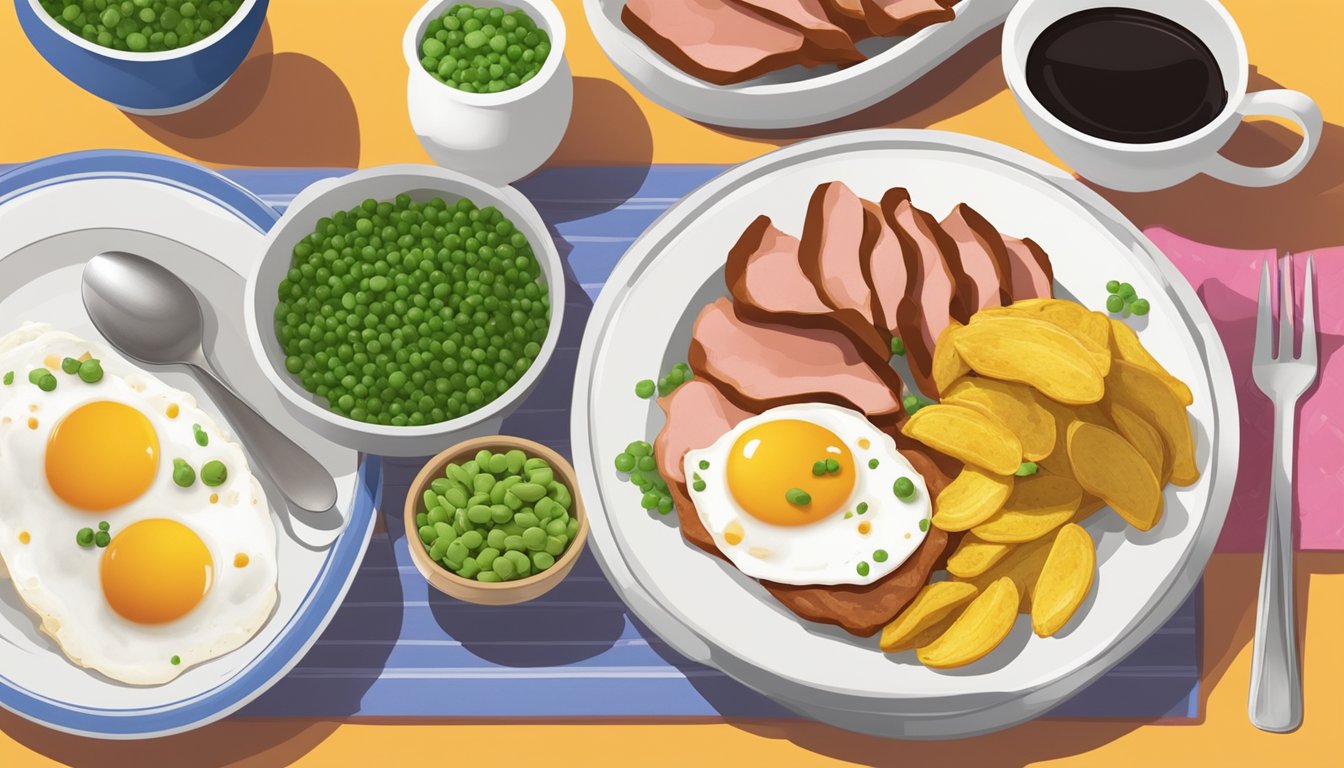 A plate of huevos motuleños with fried eggs, ham, peas, and plantains, served with black beans and salsa on a colorful table setting