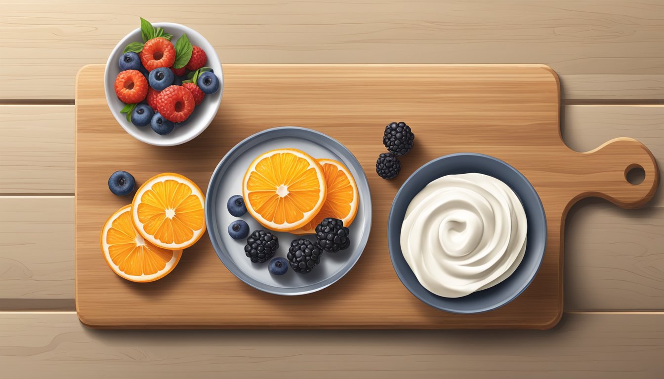 A wooden cutting board with sliced bagel thins, a bowl of cream cheese, and a plate of fresh berries and orange slices