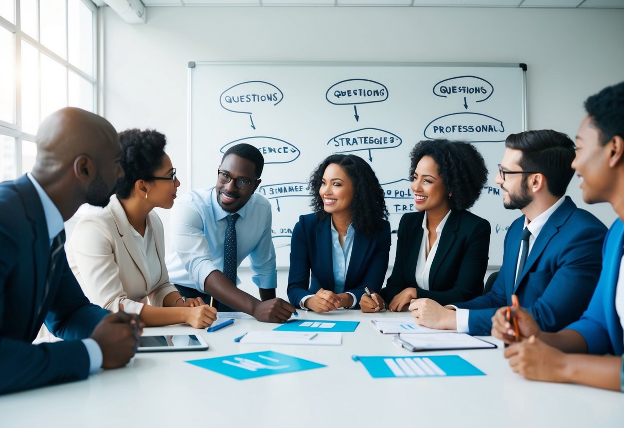 A group of diverse professionals engaged in brainstorming, with a whiteboard full of open-ended questions and problem-solving strategies