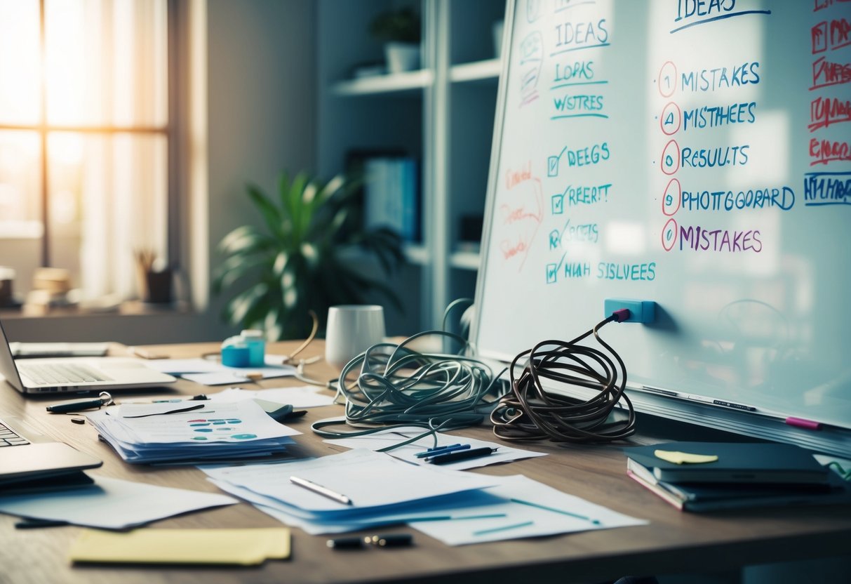 A cluttered desk with scattered papers and a tangled mess of cords, alongside a whiteboard filled with scribbled ideas and crossed-out mistakes