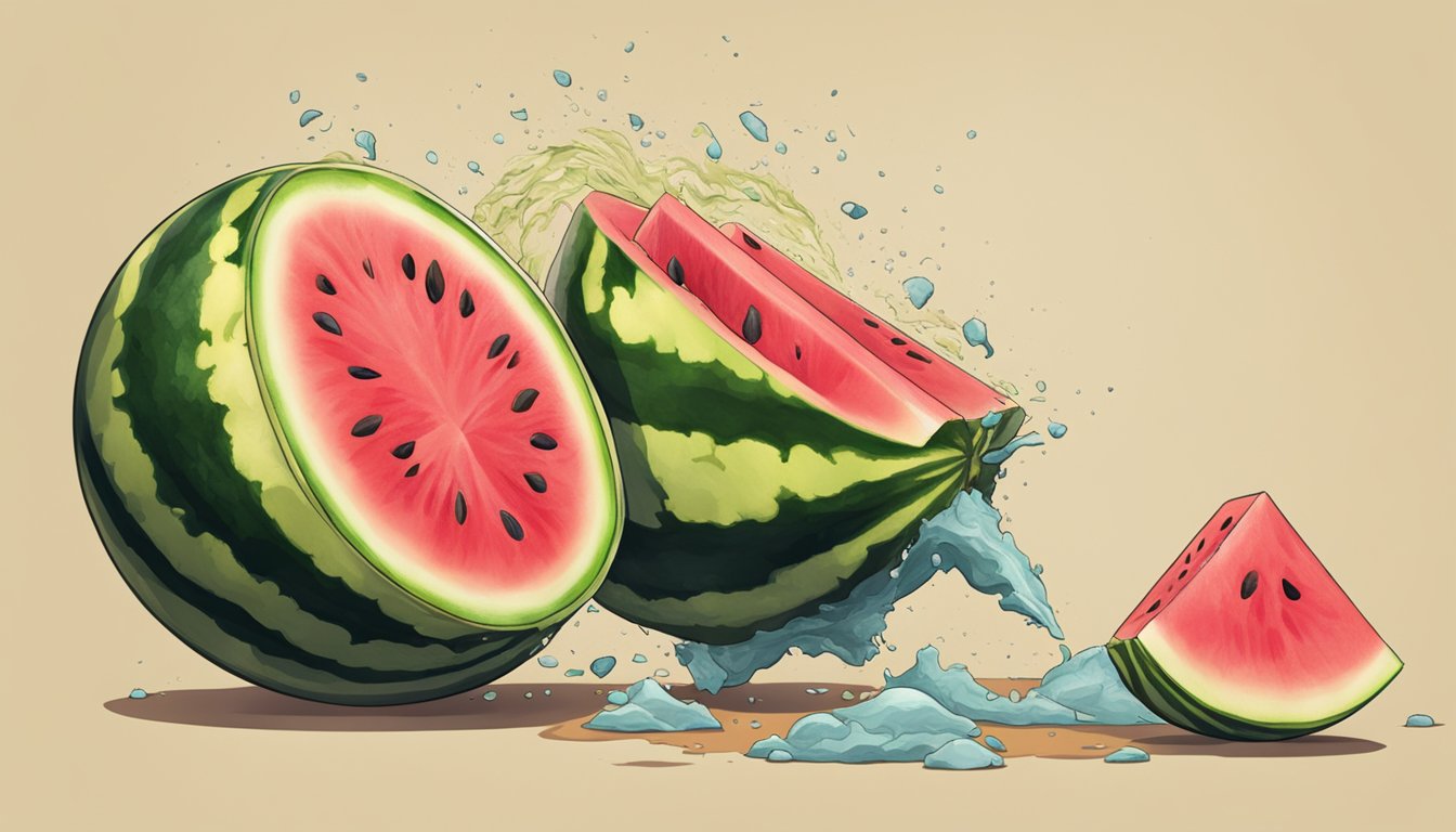 A watermelon splitting open as it's being crushed by a heavy weight