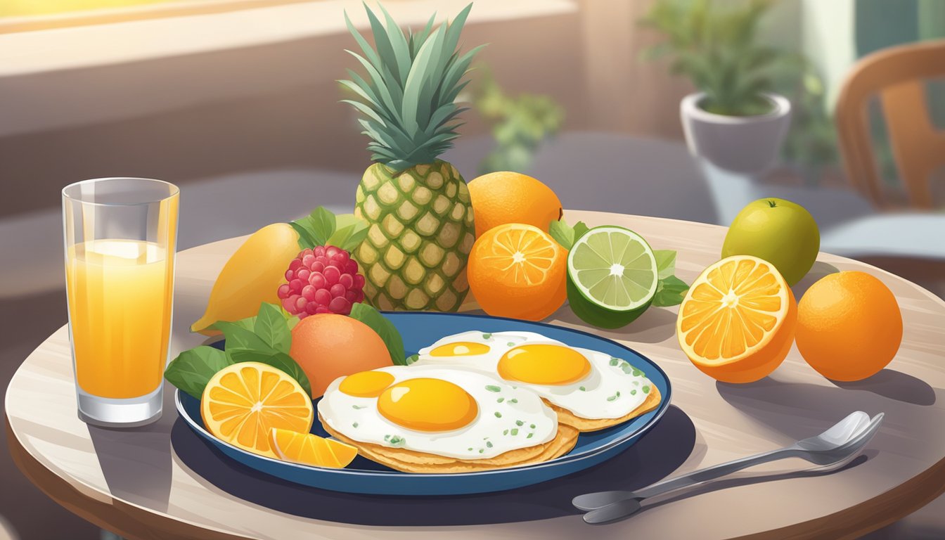 A plate of huevos motuleños surrounded by fresh fruits and a glass of orange juice on a breakfast table