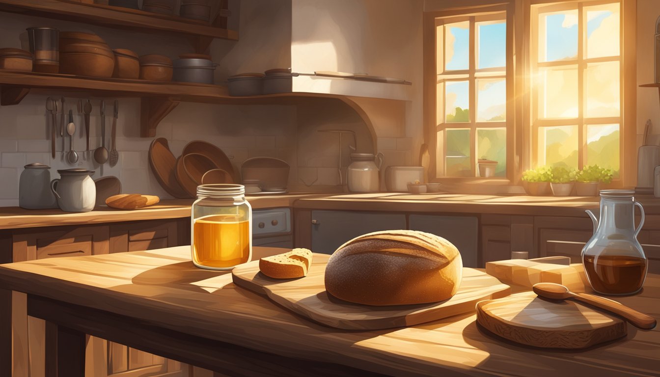 A rustic kitchen with a wooden table set with a loaf of freshly baked rye bread, a jar of honey, and a knife. Sunlight streams through the window, casting a warm glow on the scene