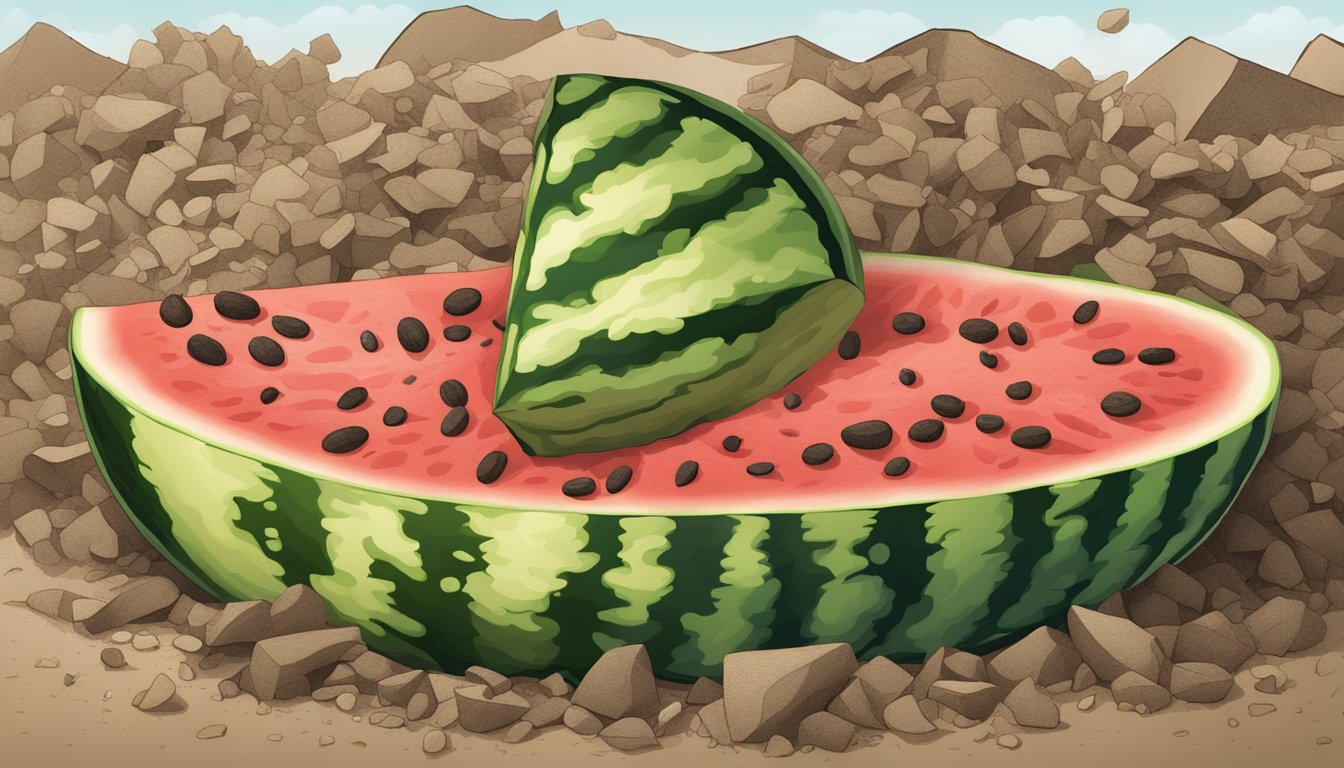 A watermelon fiber biodegrades in a compost pile, enriching the soil