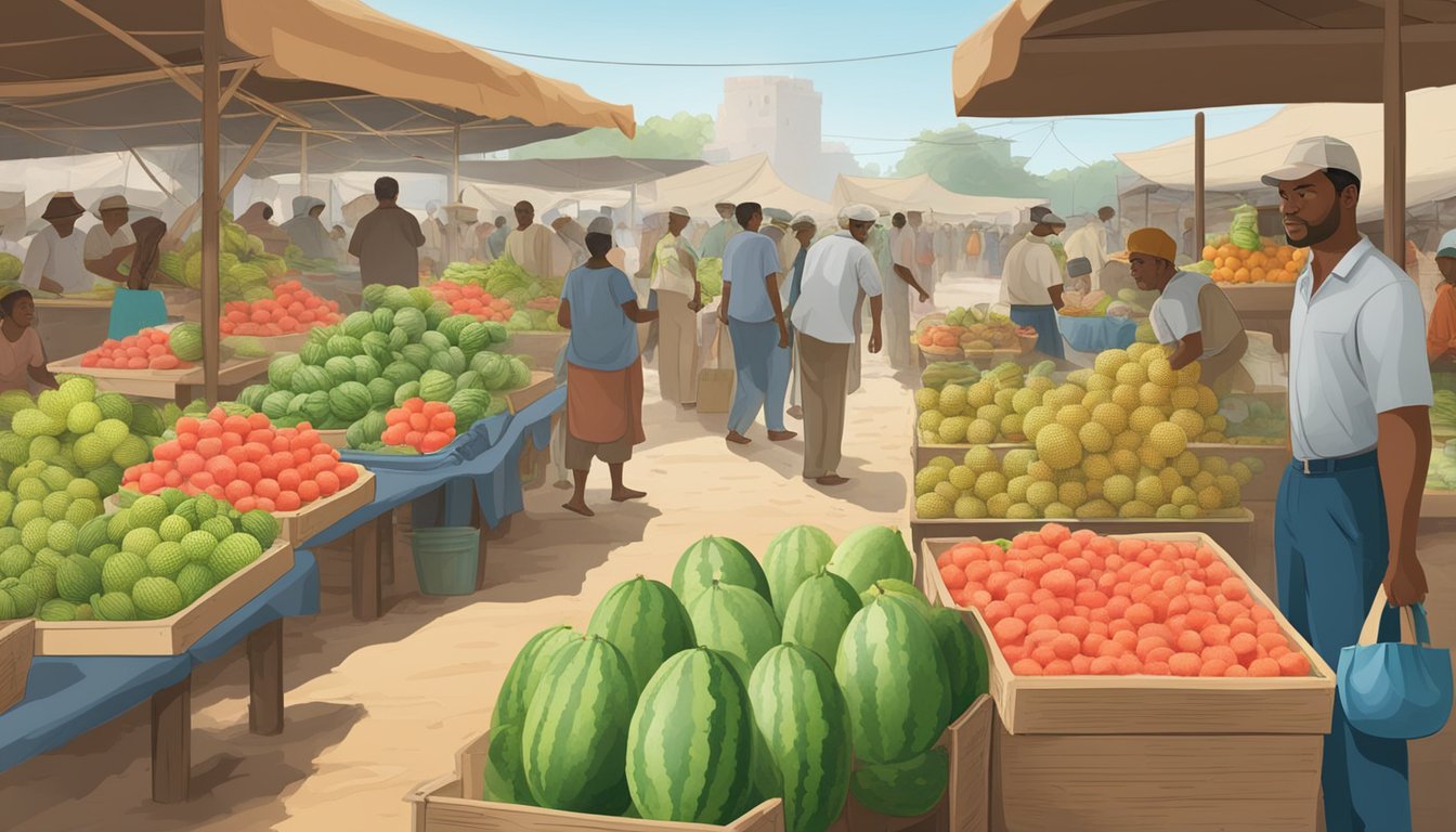 A bustling market with vendors selling watermelons, while a chart shows economic factors related to watermelon fiber production