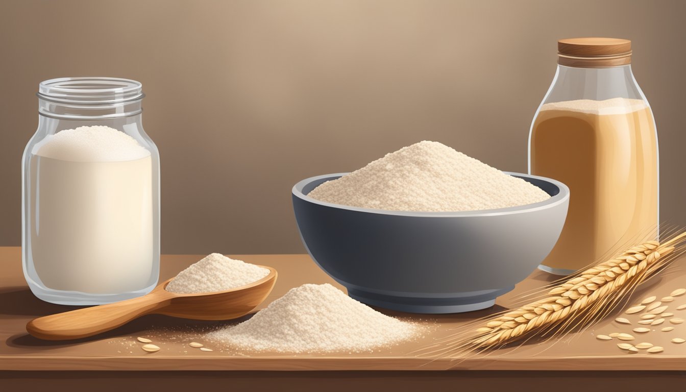 A rustic kitchen counter with flour, water, and a glass jar filled with bubbling sourdough starter, surrounded by a scattering of rye grains and a wooden spoon