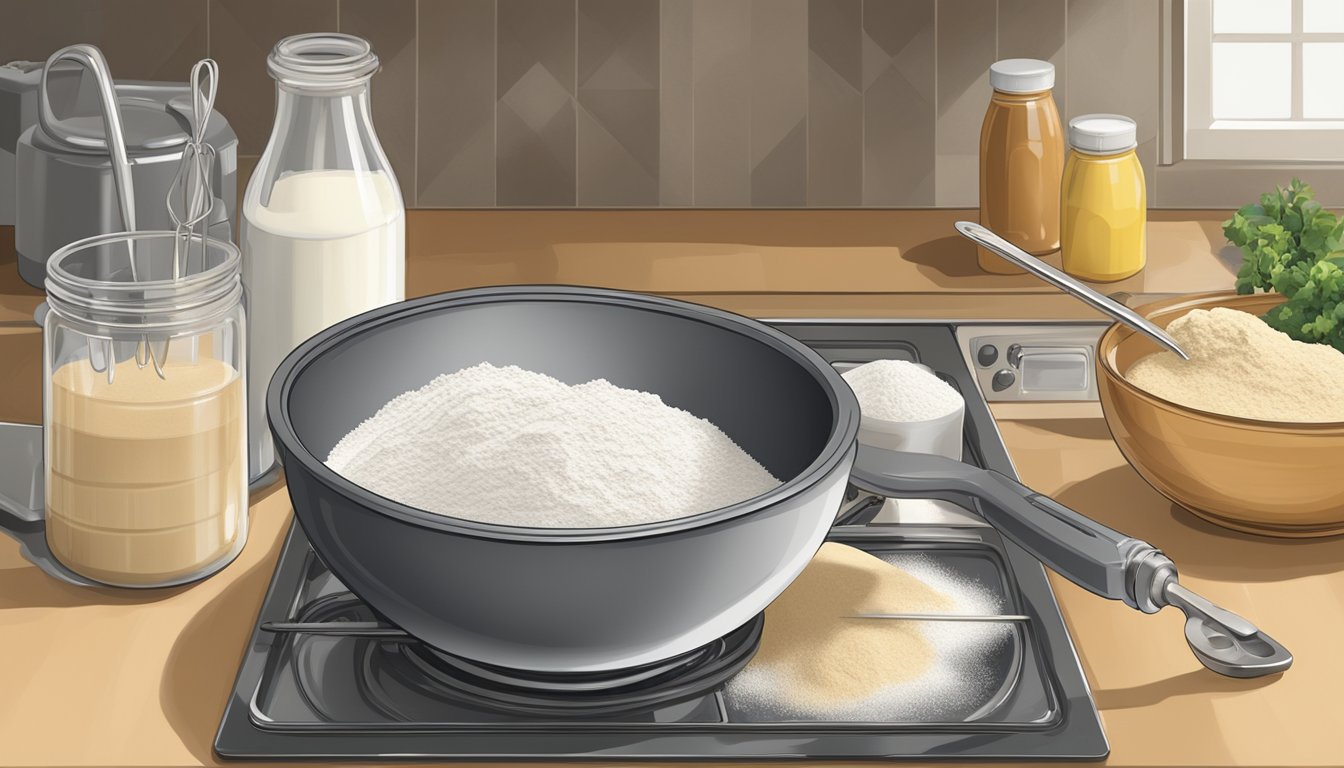 A mixing bowl filled with flour, yeast, and milk. A whisk and measuring spoons sit nearby, while a griddle heats on the stove