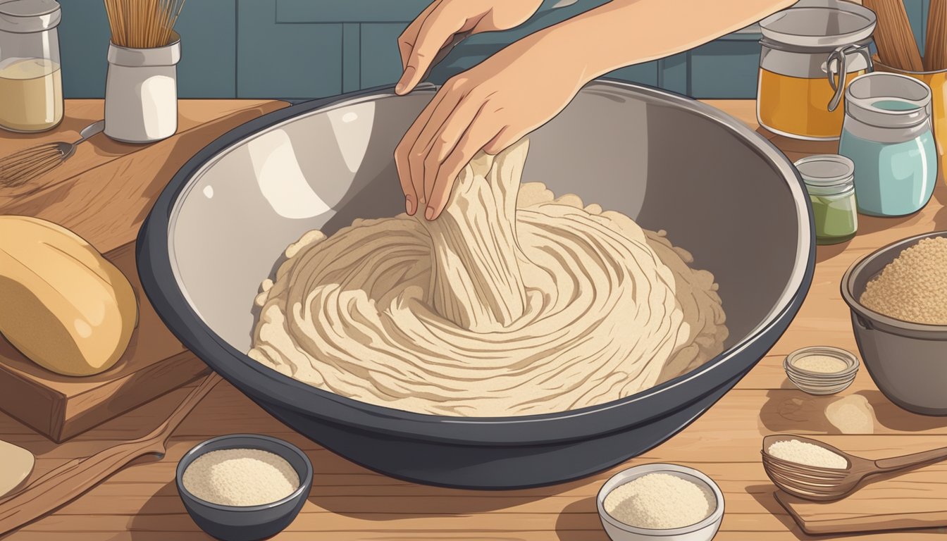 A pair of hands mixing rye dough in a large mixing bowl, surrounded by ingredients and kitchen utensils on a wooden countertop