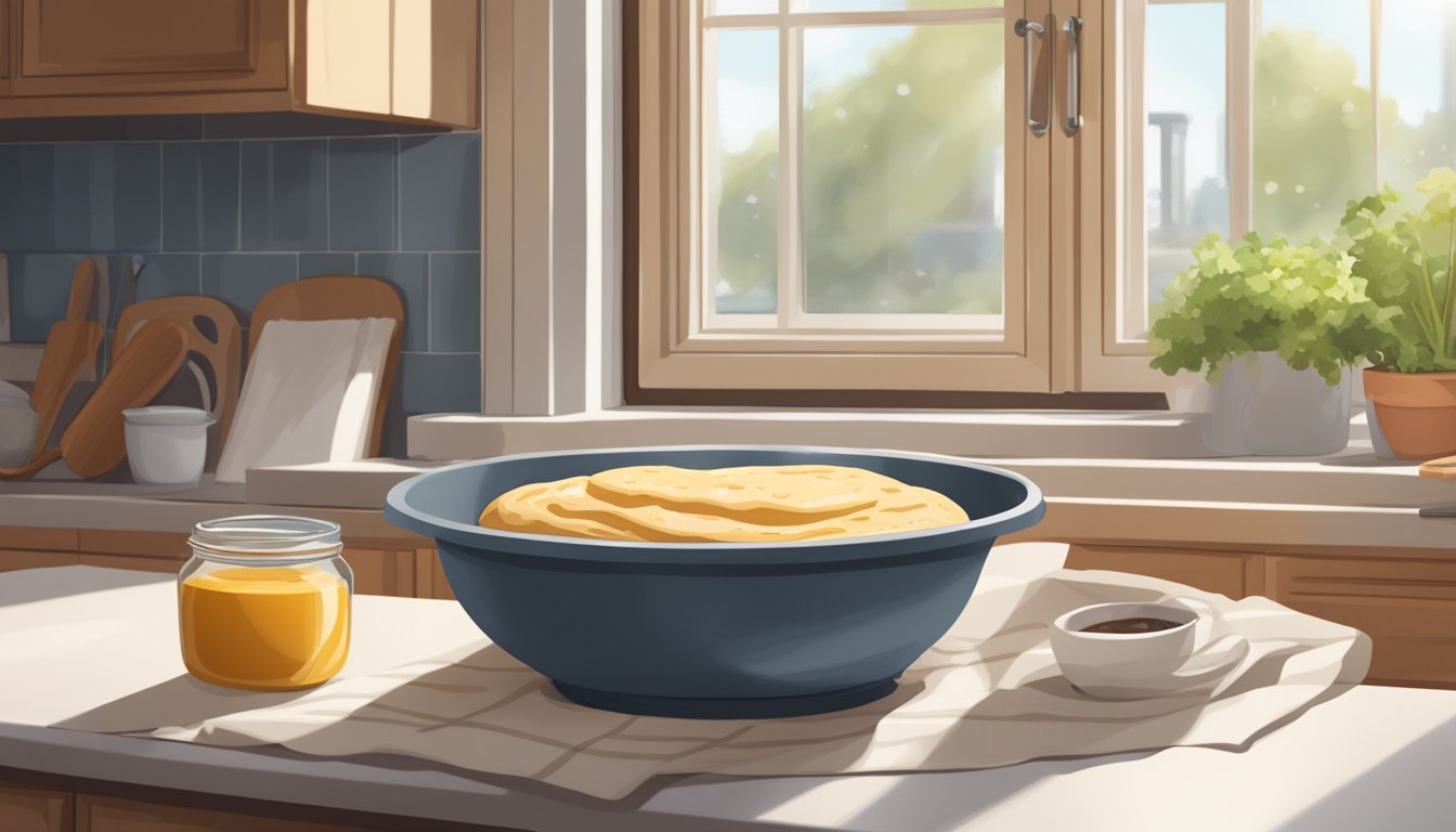 A large bowl of breakfast rye dough sits covered with a cloth, rising on a kitchen counter near a window. A timer and recipe book are nearby