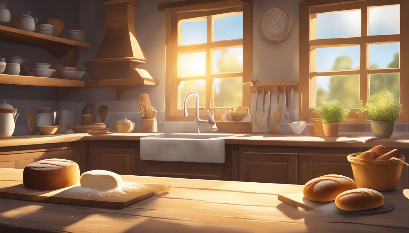 A rustic kitchen with a wooden table covered in flour, a rolling pin, and a freshly baked loaf of breakfast rye. Sunlight streams in through the window, casting a warm glow on the scene