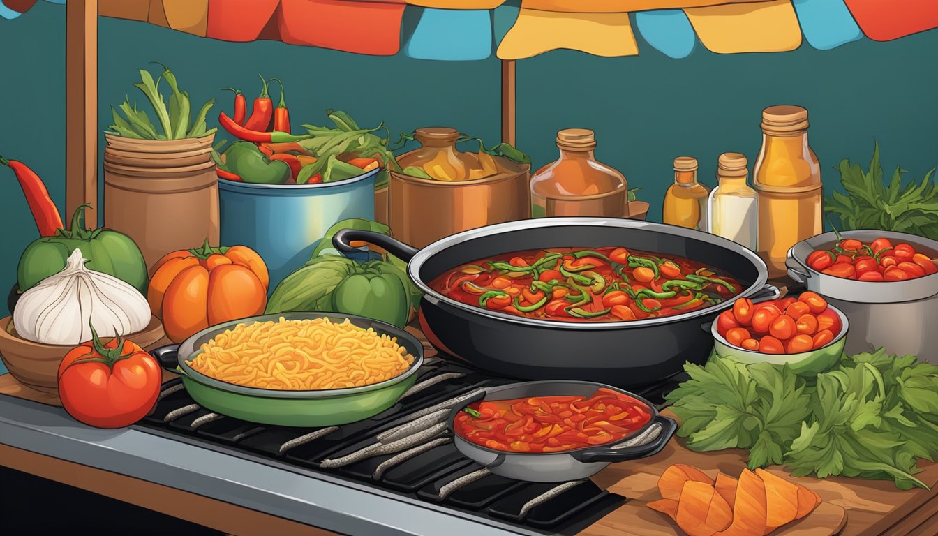 A colorful market stall with an array of fresh ingredients, including tomatoes, onions, and chili peppers, alongside a sizzling pan of tinga cooking over an open flame