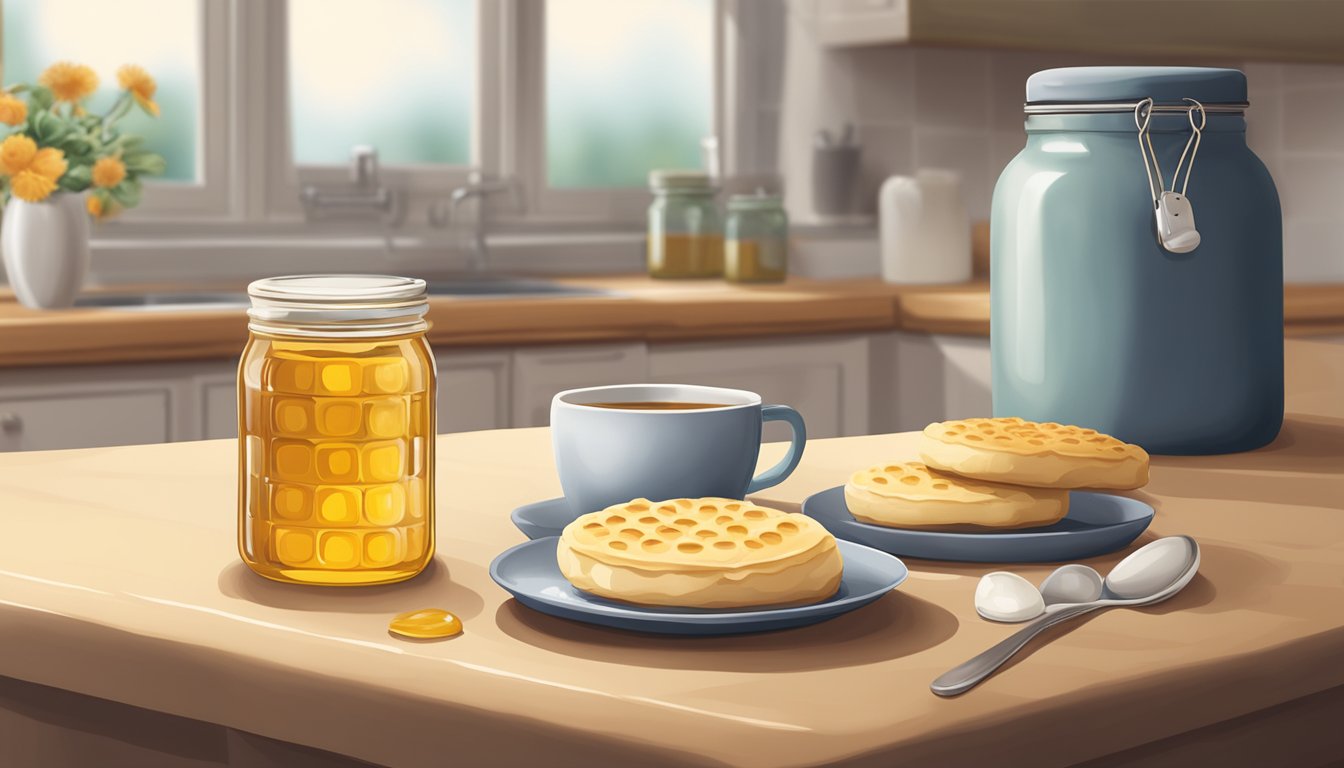 A kitchen counter with a plate of freshly baked crumpets, a jar of honey, and a cup of tea