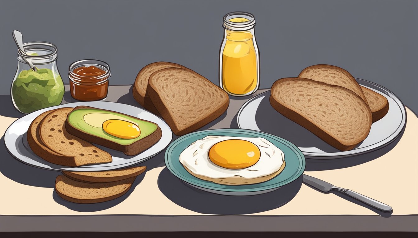 A rustic kitchen table with a spread of freshly baked sourdough rye bread, accompanied by various toppings and spreads, such as avocado, eggs, and jam