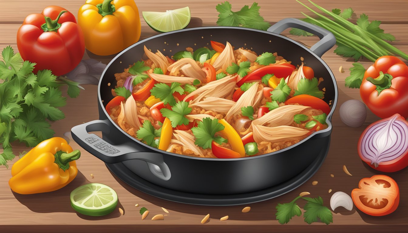 A sizzling pan with onions, tomatoes, and shredded chicken, surrounded by colorful bell peppers, cilantro, and a sprinkle of spices