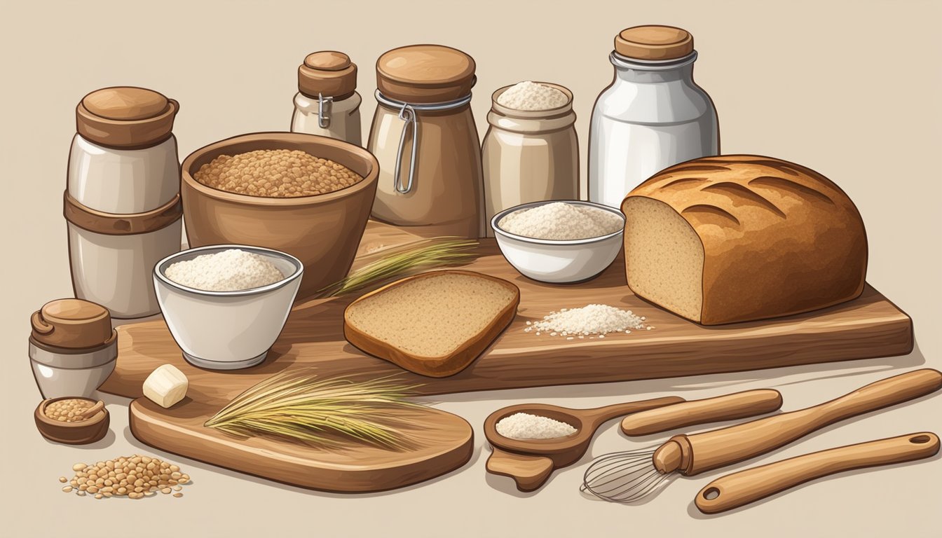 A table with various ingredients and tools for baking rye bread, including flour, yeast, a mixing bowl, a rolling pin, and a loaf pan