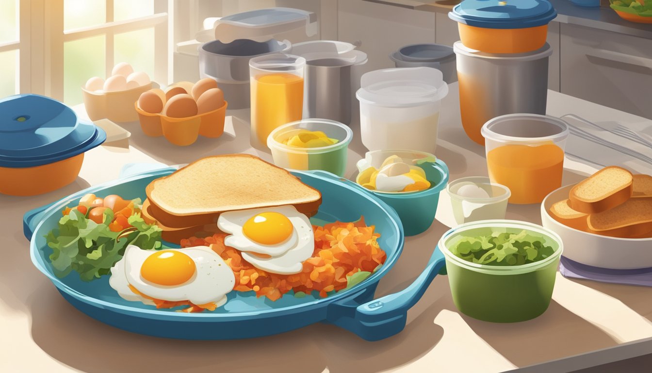 A colorful plate of tinga, eggs, and toast sits next to neatly organized Tupperware containers filled with leftovers in a spacious, well-lit kitchen