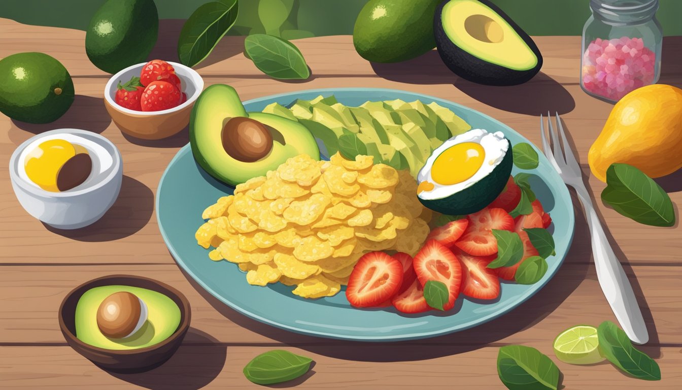 A colorful plate with tinga, eggs, avocado, and fresh fruit on a wooden table