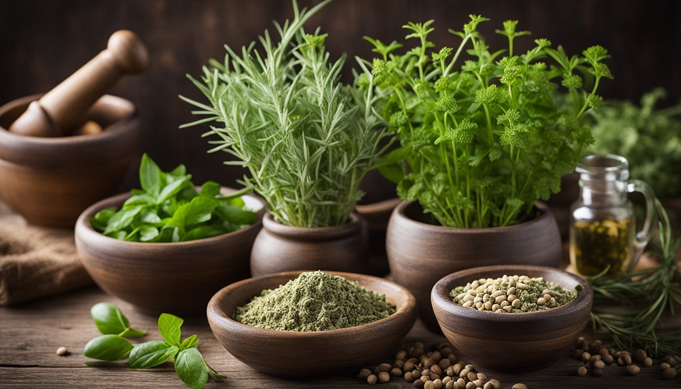 Various energy-boosting herbs on rustic table with mortar and pestle